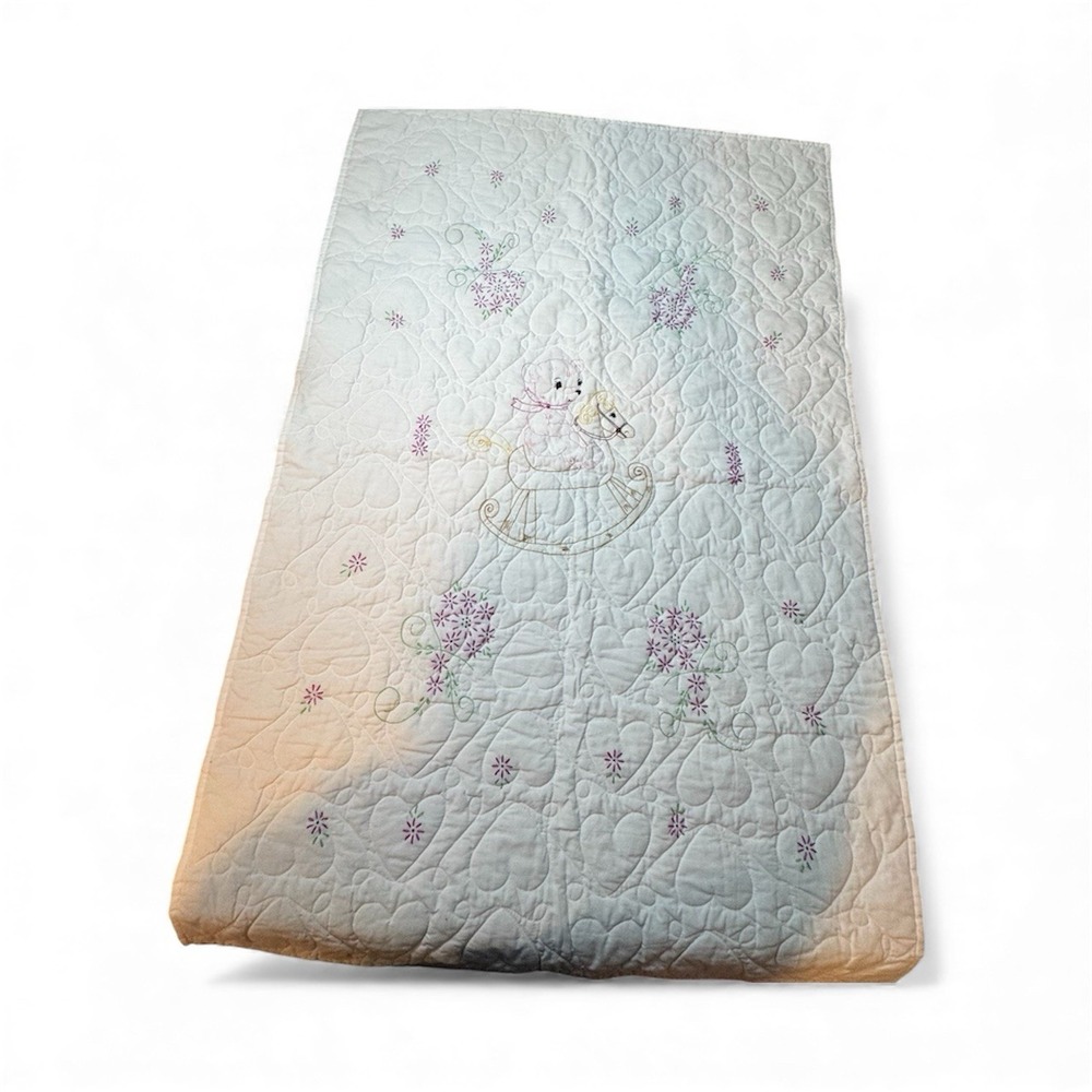 Embroidered Quilted Crib‎ Throw Bear On Rocking Horse Hand Stitched Not Complete